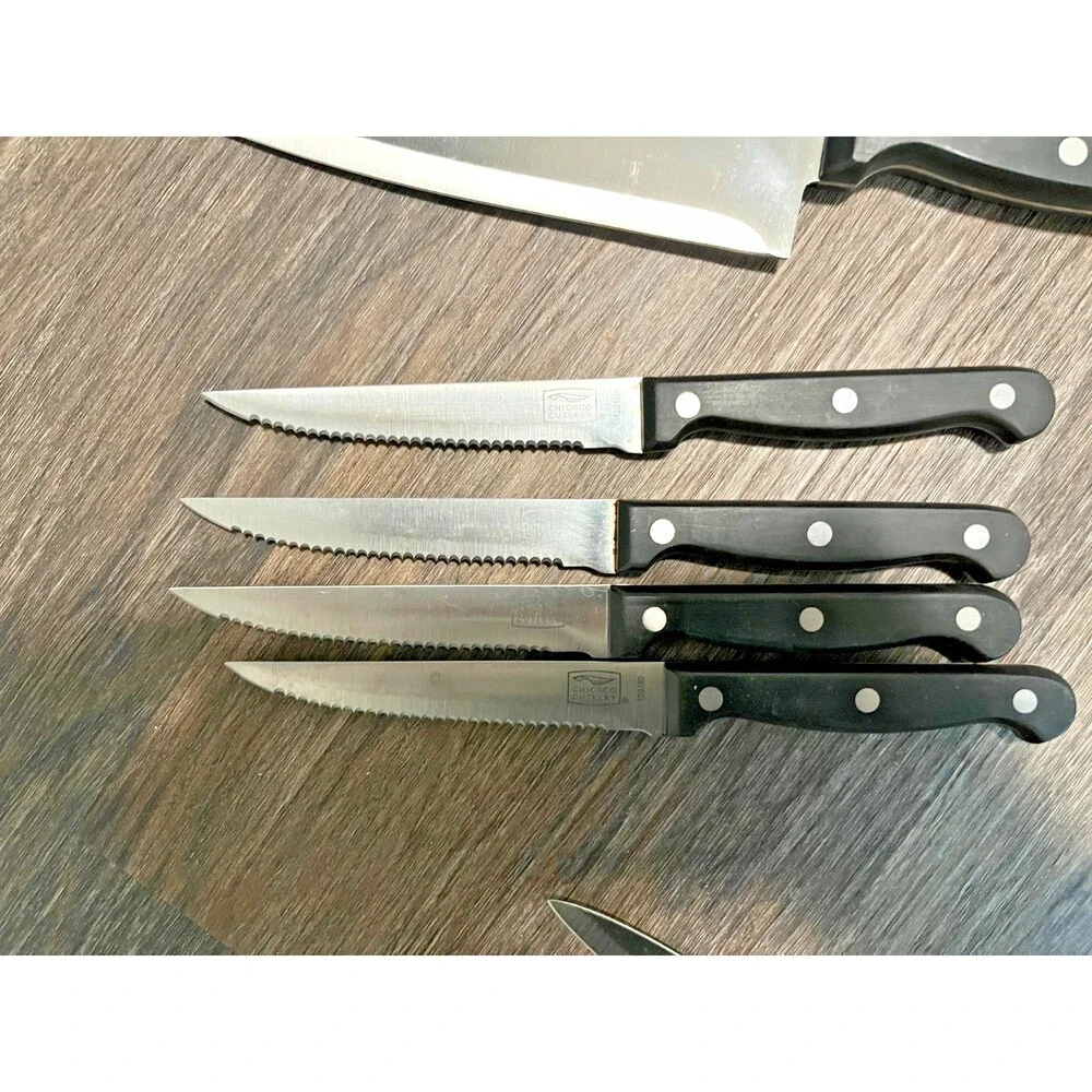Chicago Cutlery Steak Knife Lot Of 9  USA Black Handle Serrated Sharp Very Nice
